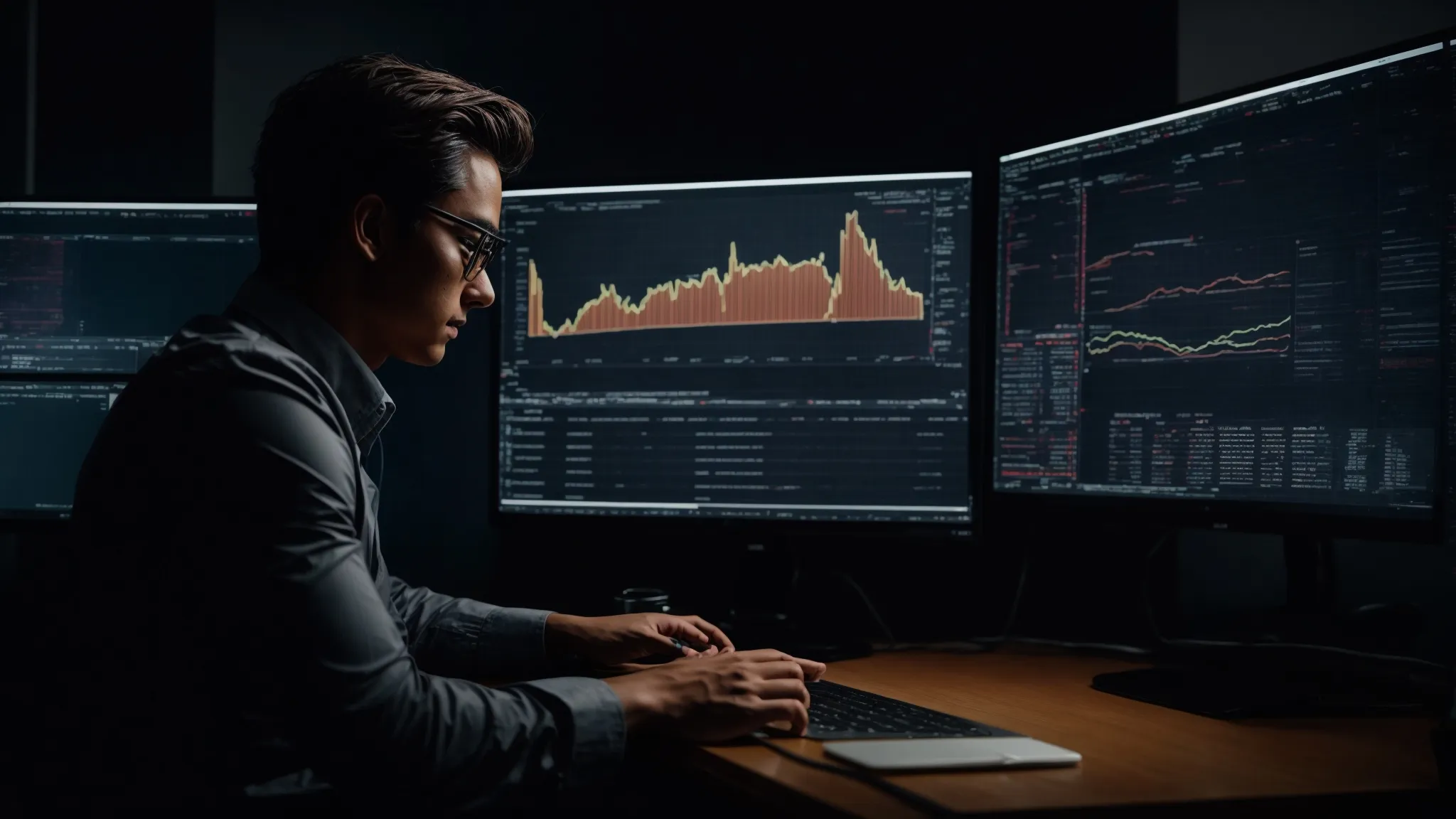a professional sitting at a computer with graphs and analytics on the screen.