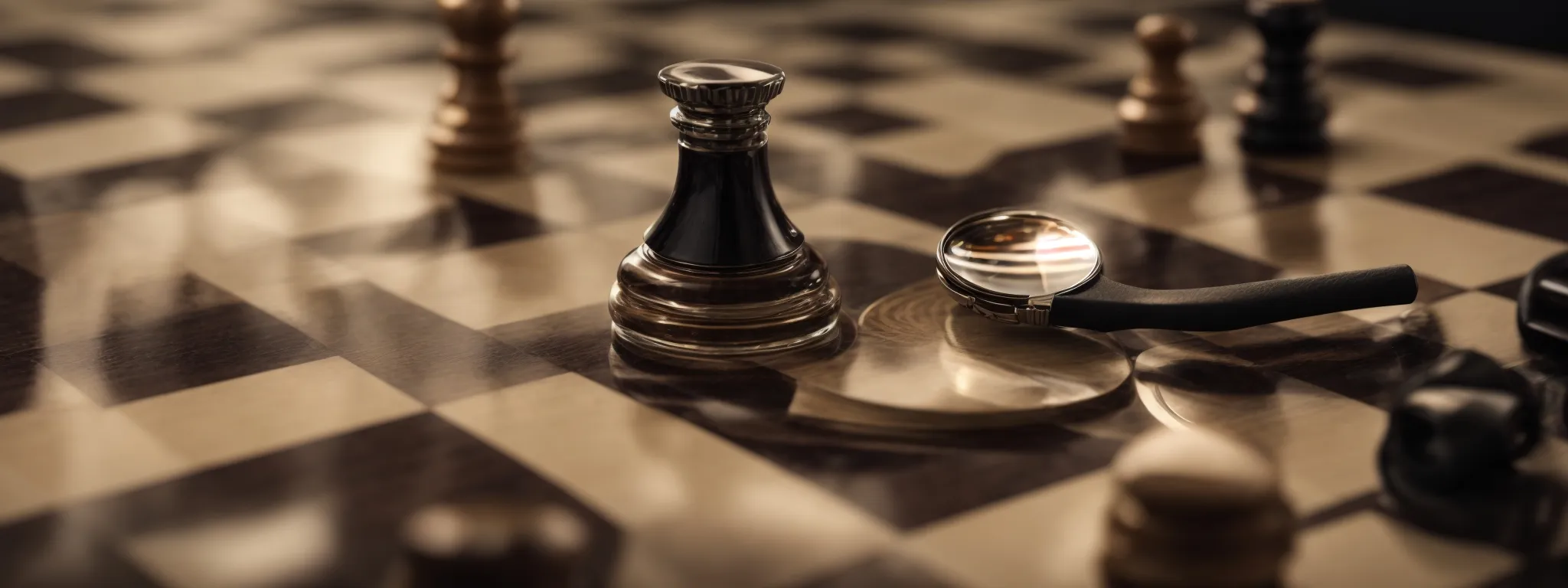 a chessboard with a magnifying glass focusing on a king piece, symbolizing strategic investment decisions in marketing.