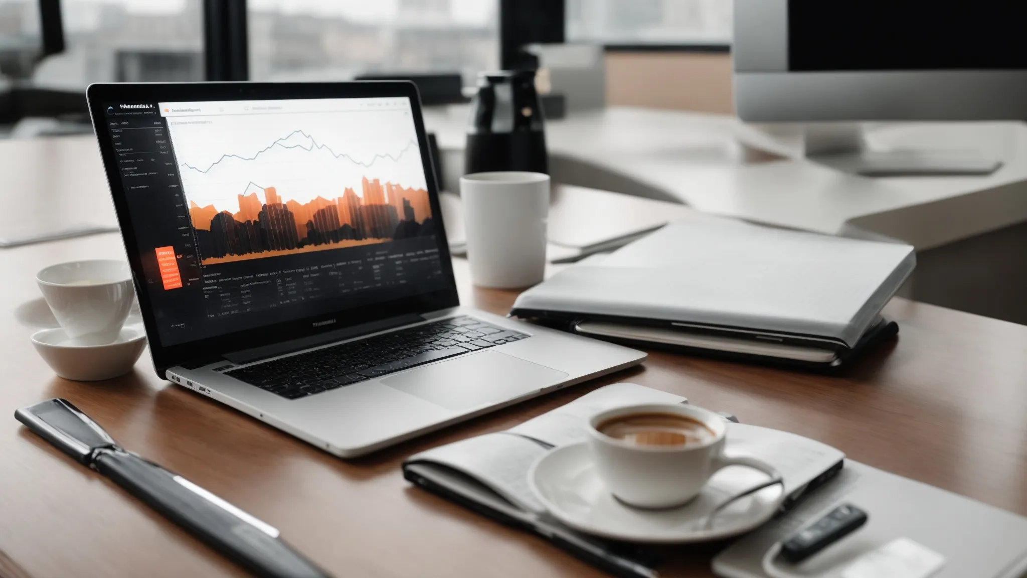 a laptop with a graph on the screen sits beside a notepad and a cup of coffee on a modern desk, symbolizing a digital recruitment marketing workspace.