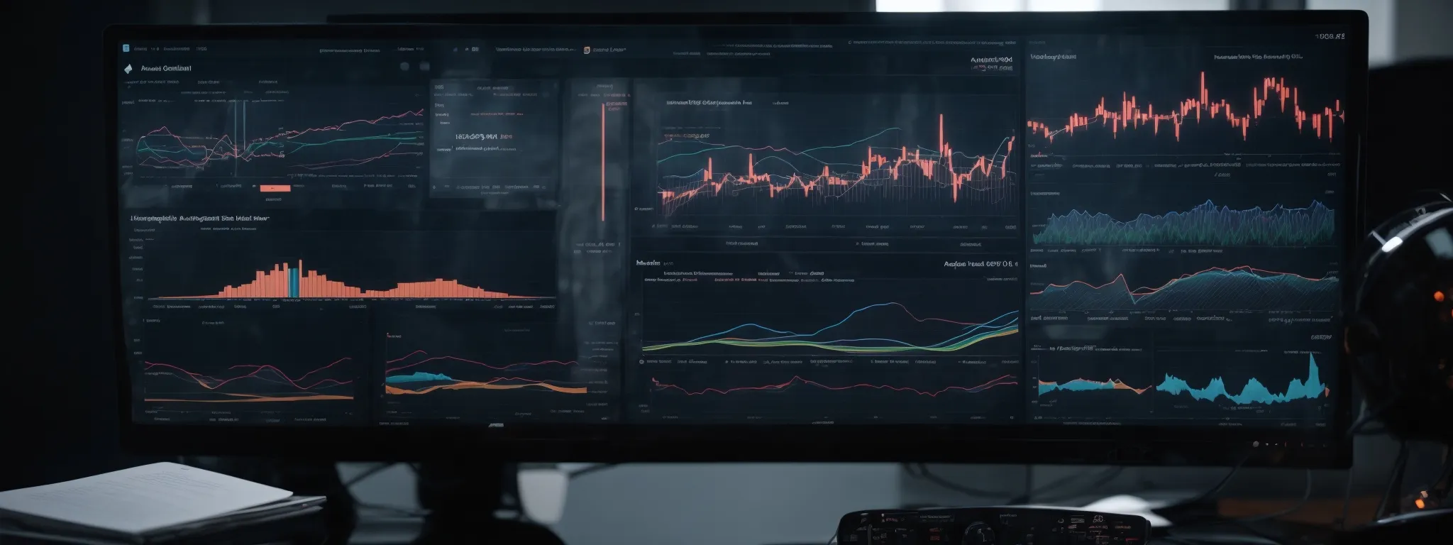 a computer screen displays complex analytics dashboards with graphs and data visualizations highlighting ai-driven seo strategies.