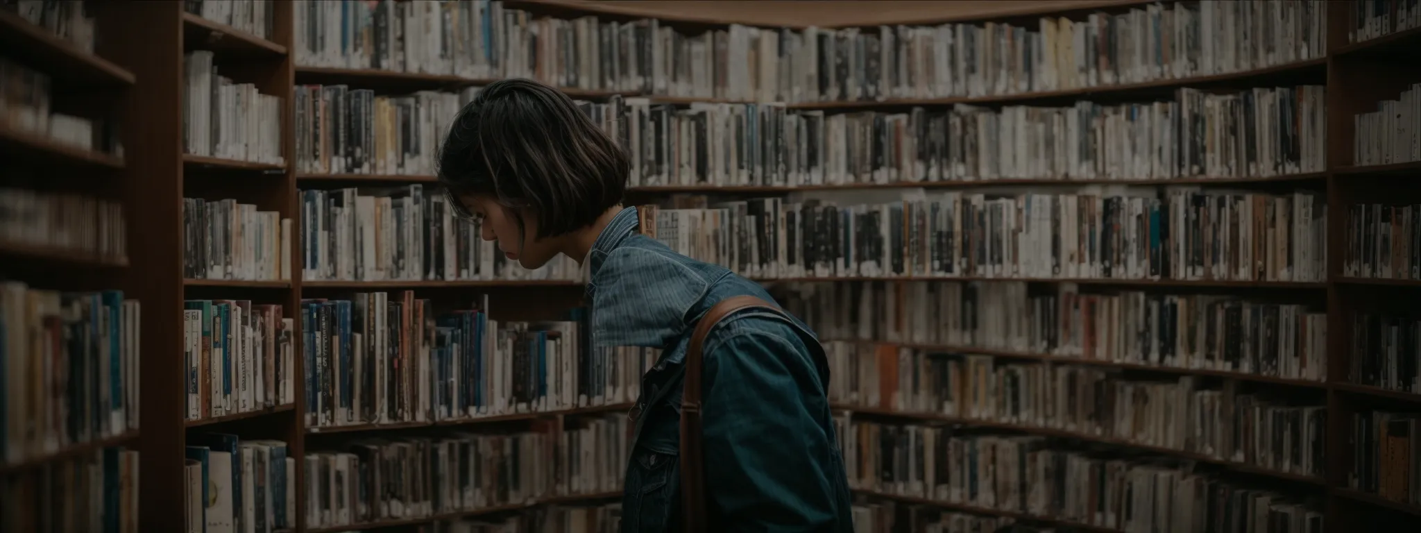a person standing in a library, thoughtfully examining a dense cluster of floating question marks.
