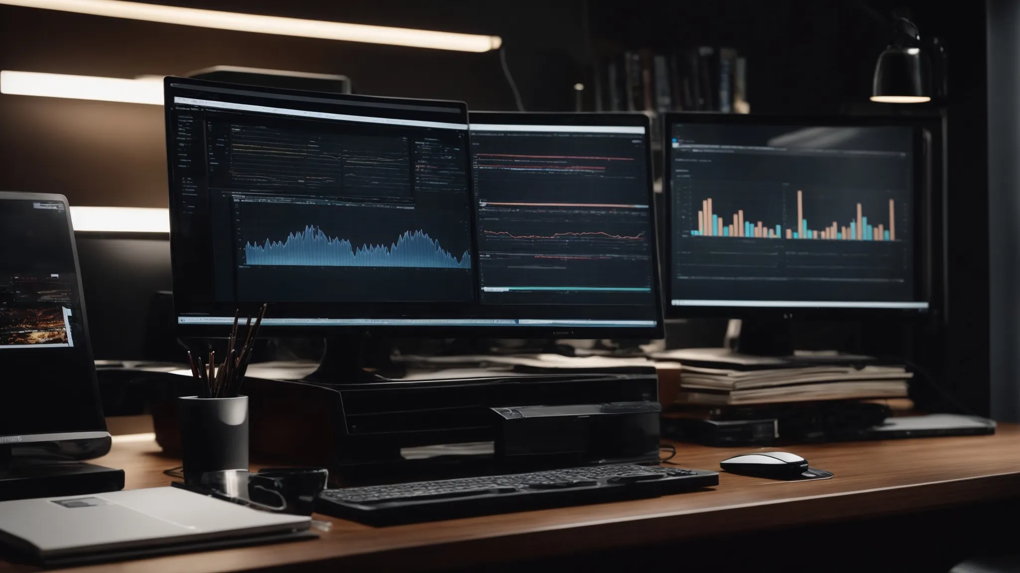 a neatly arranged desk with multiple monitors displaying graphs and folders, symbolizing a streamlined content management workspace.