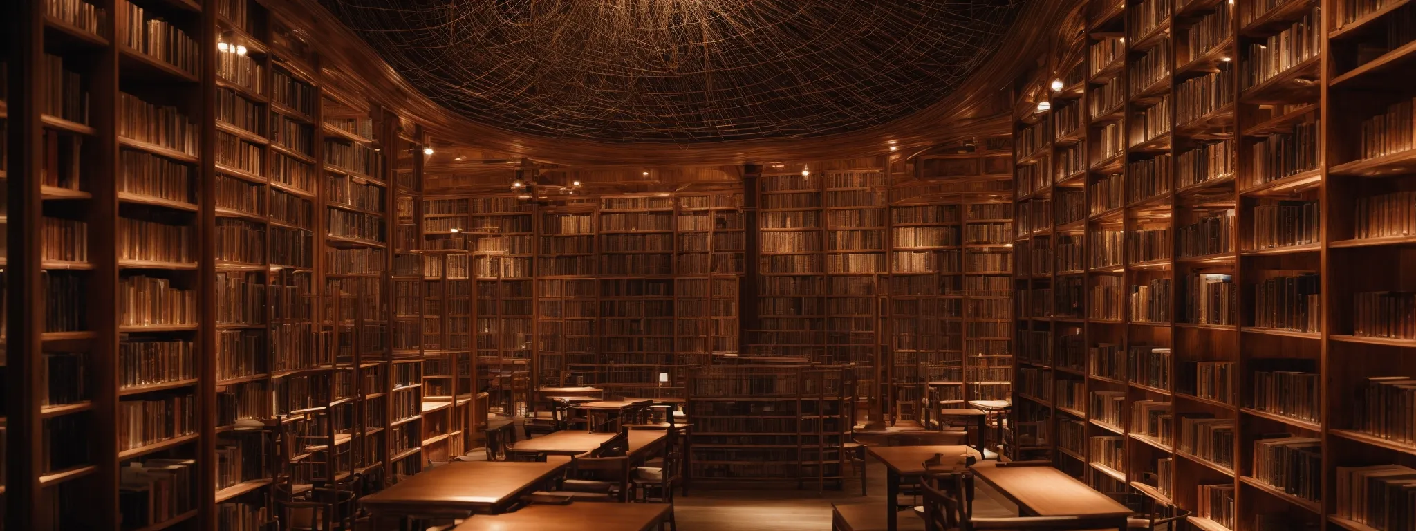 a vast library with an expansive web of interconnected bookshelves symbolizing the complexity and structure of technical seo.