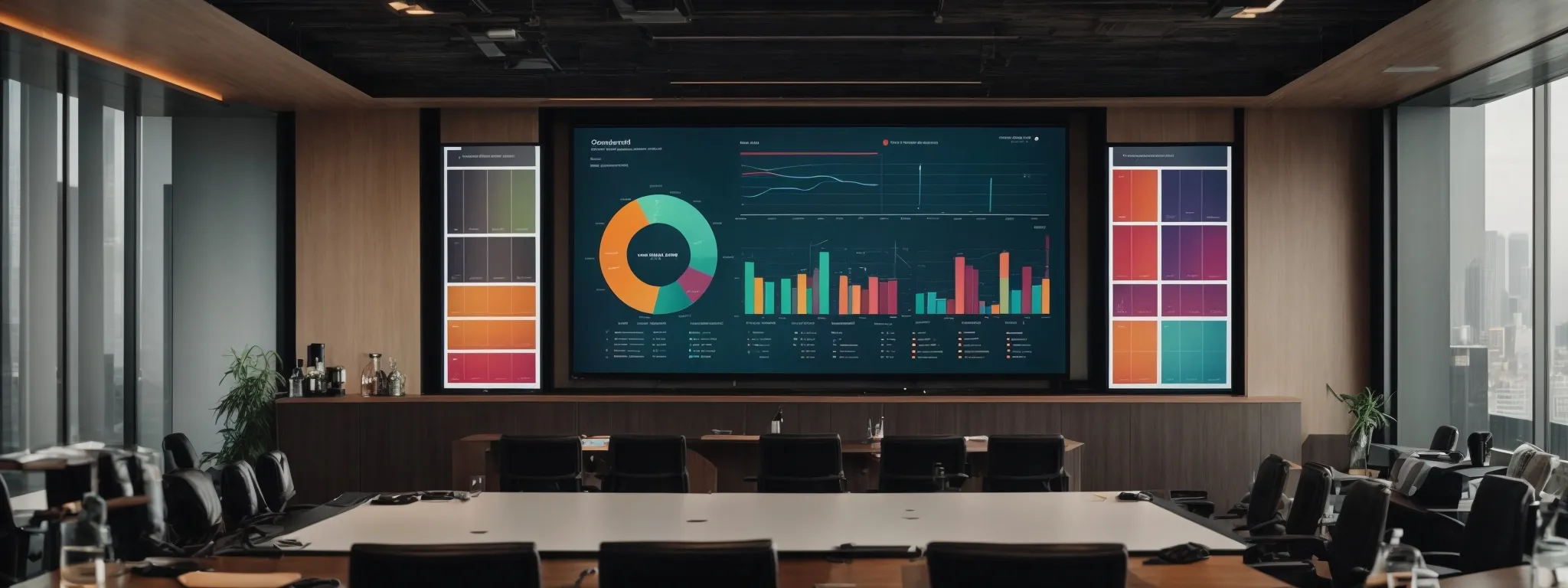 a conference room with a large screen displaying colorful graphs and pie charts during an seo strategy presentation.