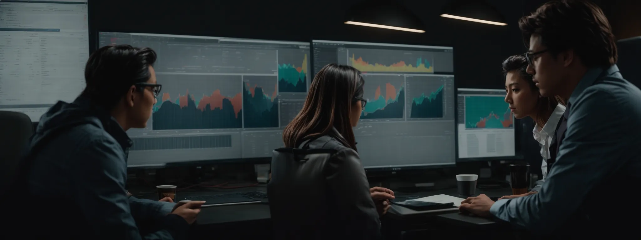 a marketing team intently analyzes graphs and charts on a computer screen, strategizing over an email campaign.