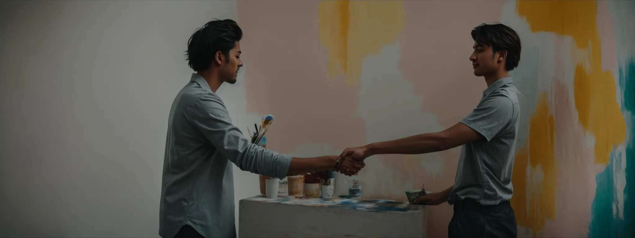 a painter shaking hands with a blogger against the backdrop of a freshly painted wall.