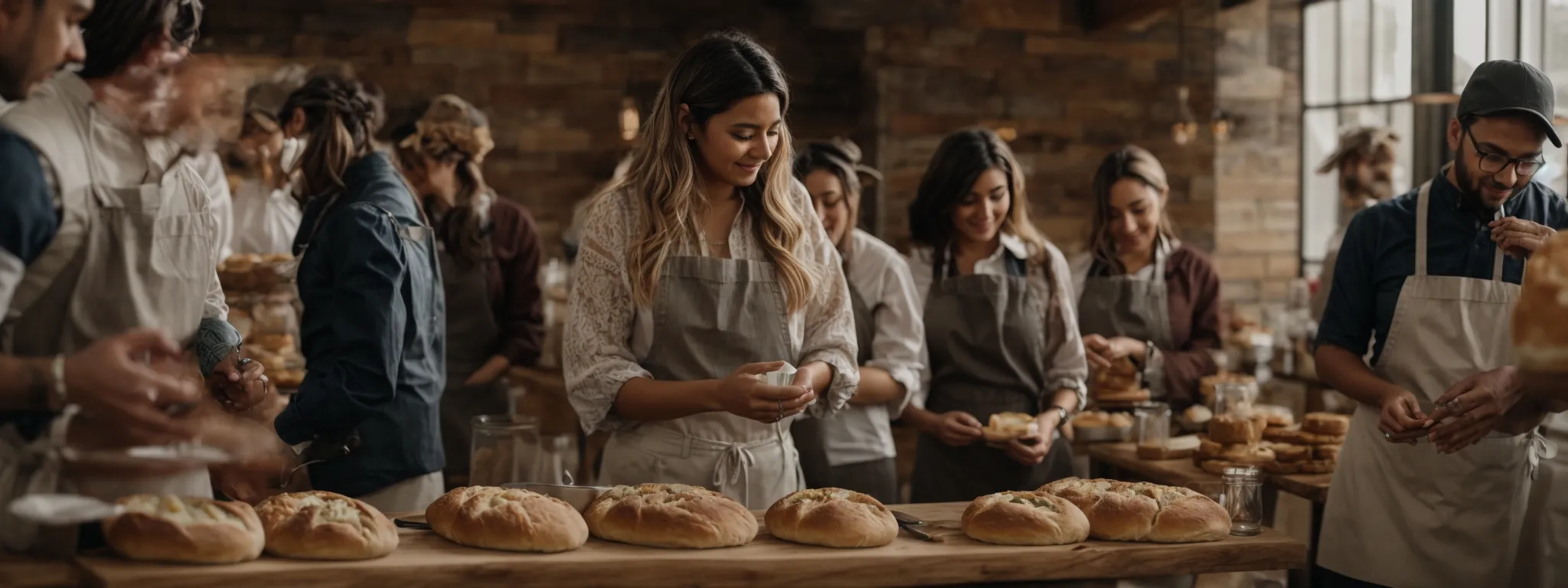 a diverse group of food bloggers engaged in a tasting event at a rustic bakery, with each tasting station helmed by a different artisan baker presenting their signature breads.