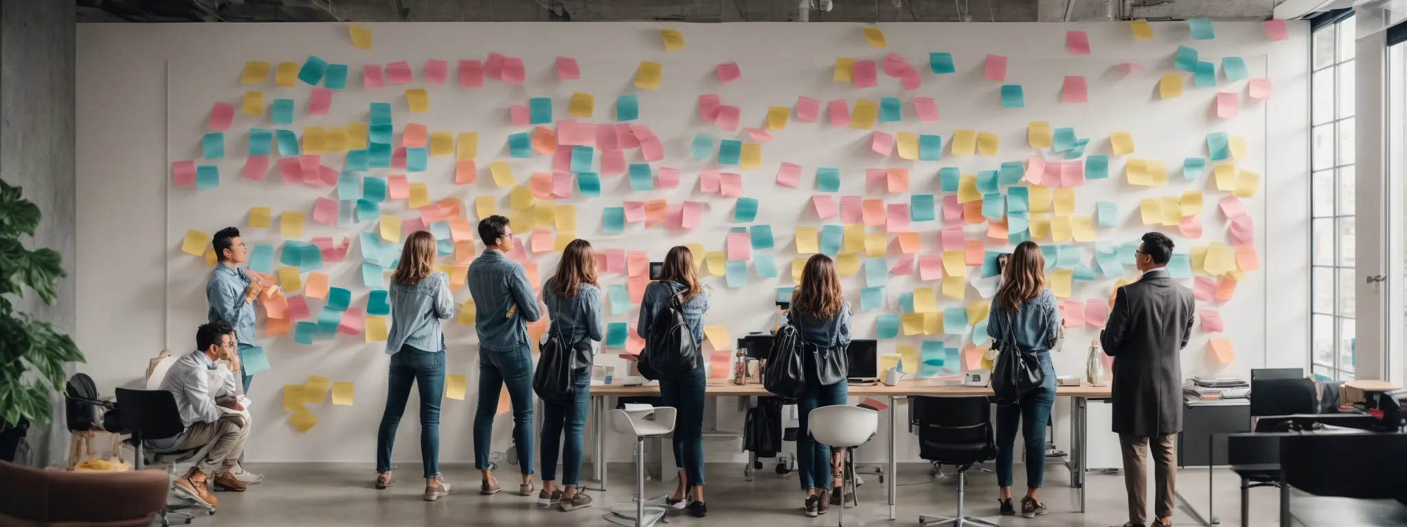 a group of professionals analyzing a large chart on a wall that represents different stages of the customer journey with colorful sticky notes and markers.