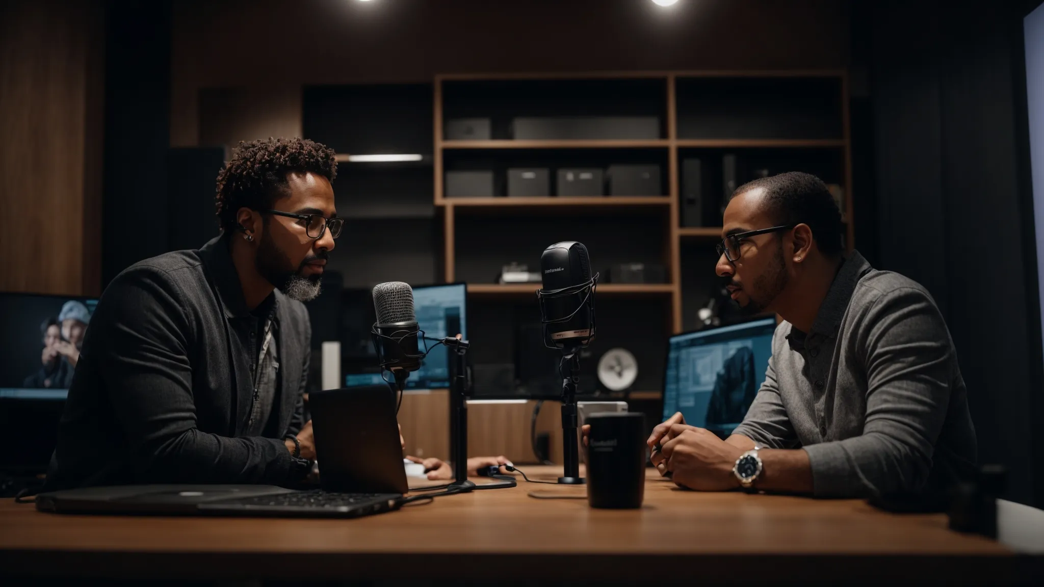 two professionals are engaging in a discussion in a podcast studio setup, with microphones and laptops in front of them, focused on digital marketing strategies.