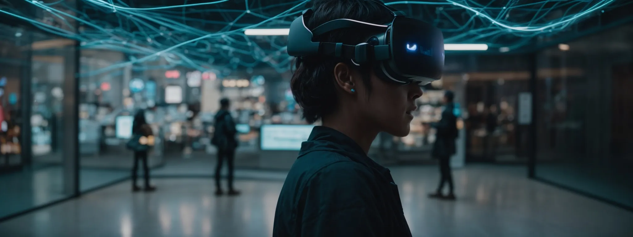 a person experiencing a virtual reality storefront with futuristic digital interfaces around them.