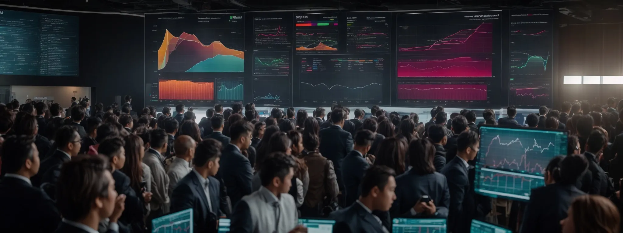 a group of professionals gather around a large screen displaying colorful graphs and analytics.