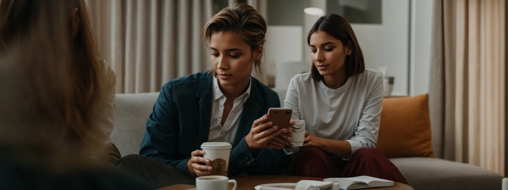 two people, casually dressed, sit at a modern coffee table with smartphones and a coffee cup, looking poised for a creative planning session.