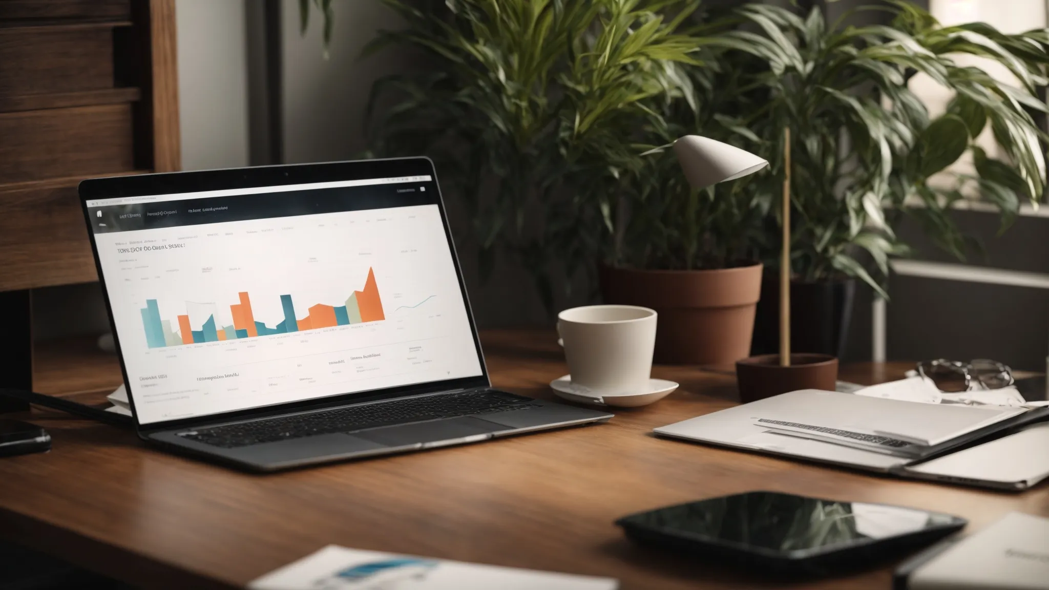 a laptop with graphs on the screen placed on a desk next to a potted plant, representing a professional setting for an seo case study for bedly.