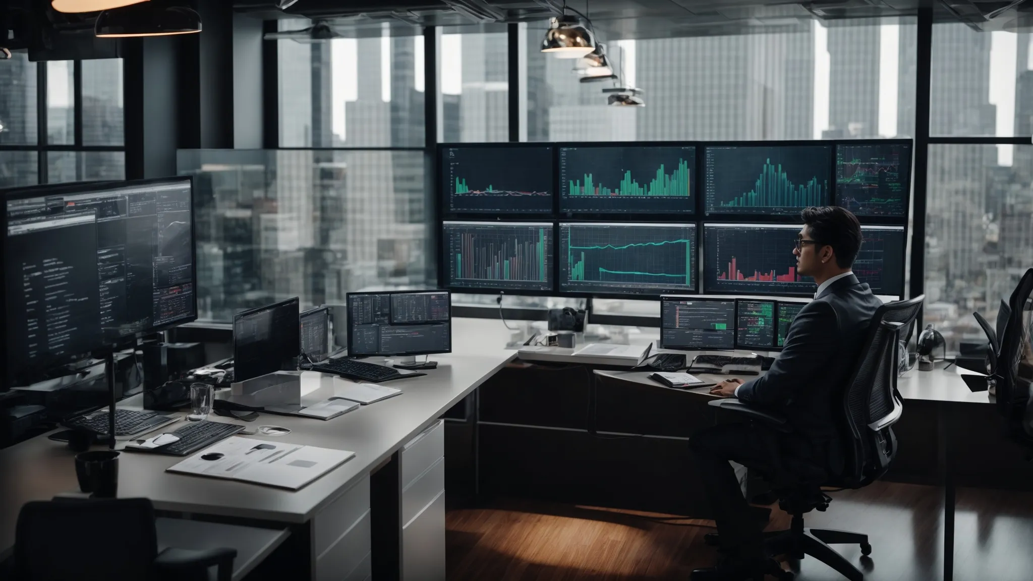 a sleek office with multiple monitors displaying graphs and charts, where professionals in business attire are focused on their tasks while interacting with advanced management software interfaces.