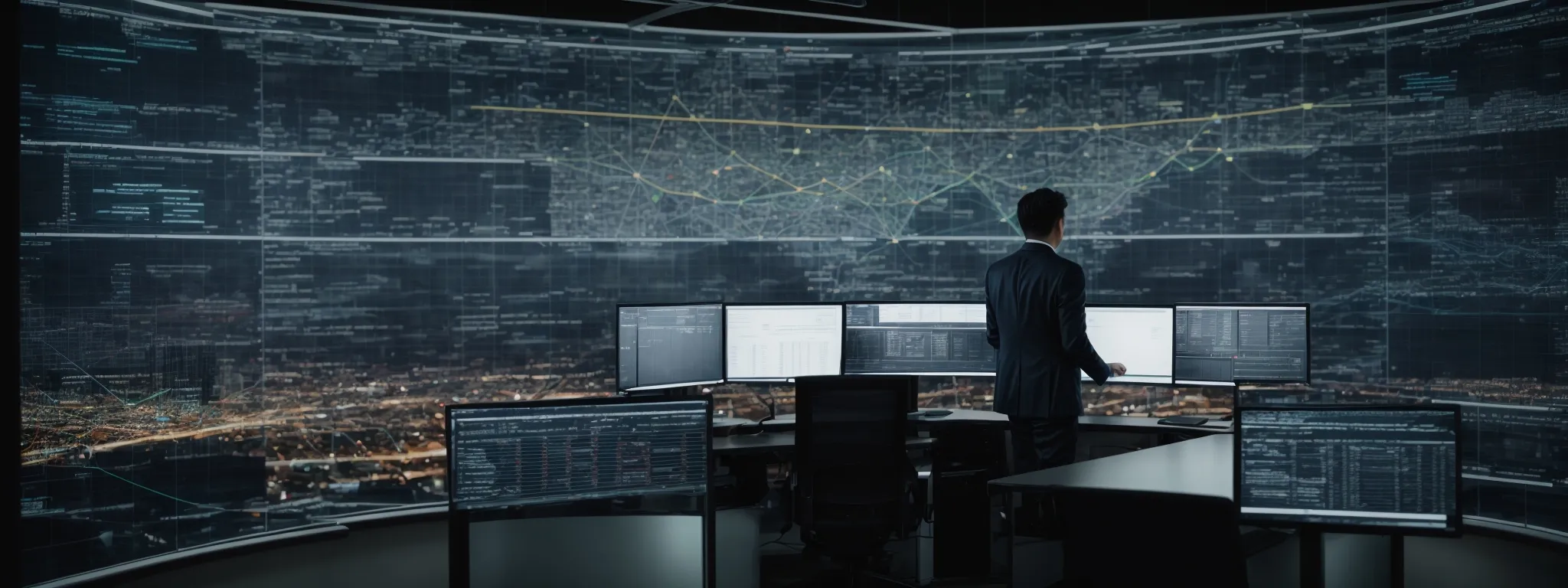 a modern office environment with an seo specialist analyzing data on a large screen displaying a complex web structure representing interconnected topics.