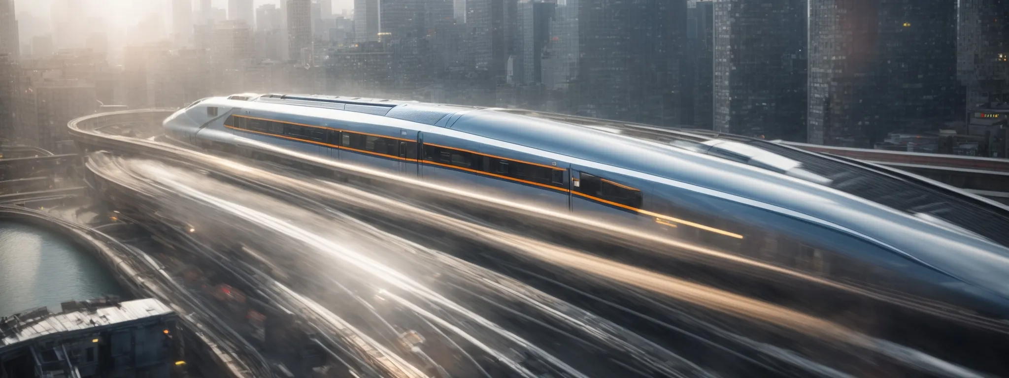 a high-speed train zooming through a futuristic city, symbolizing speed, efficiency, and modernity.