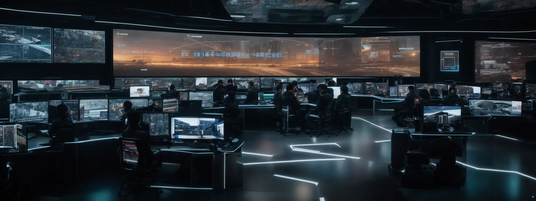 a futuristic command center with large screens displaying dynamic digital content and analytics.