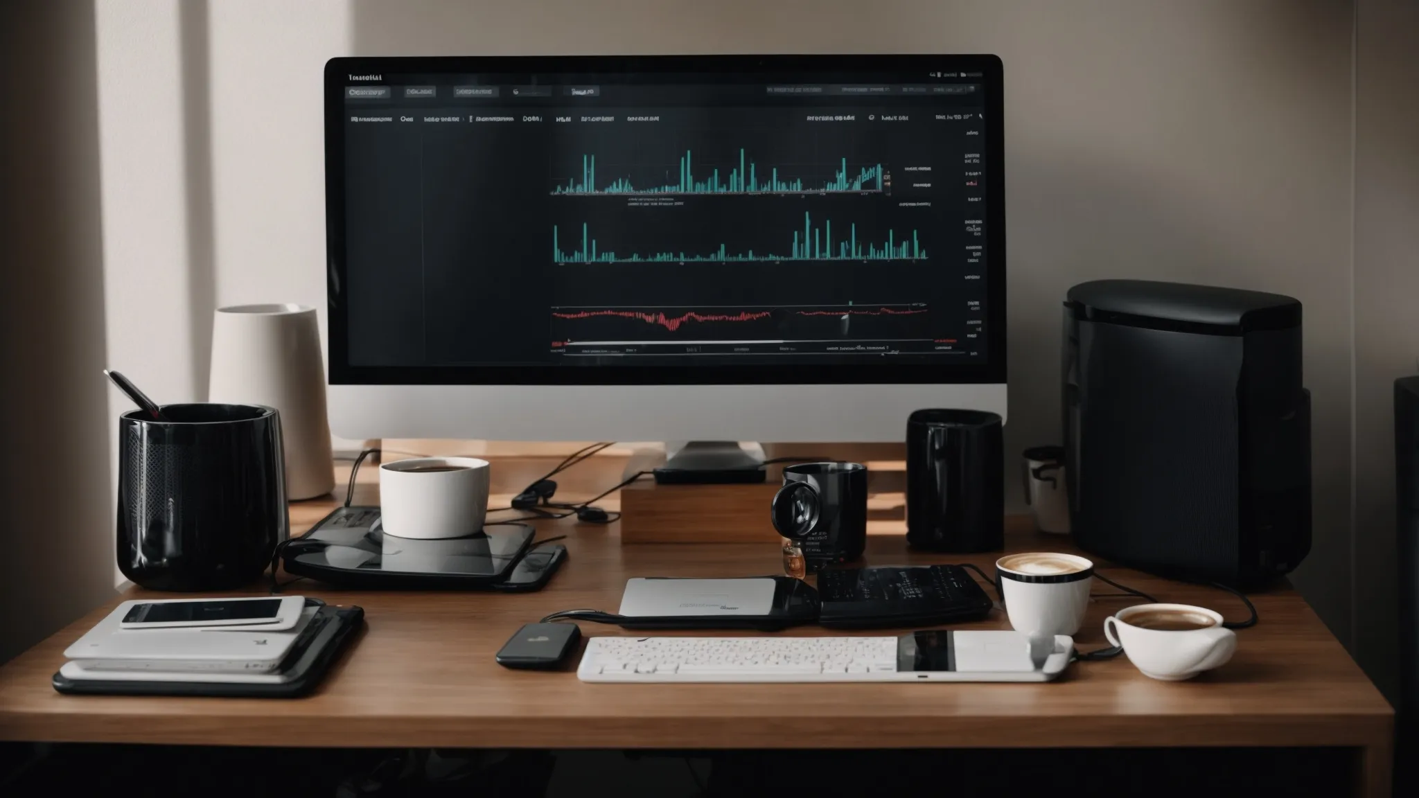 a home office setup with a computer displaying graphs of website traffic and a coffee cup next to it.