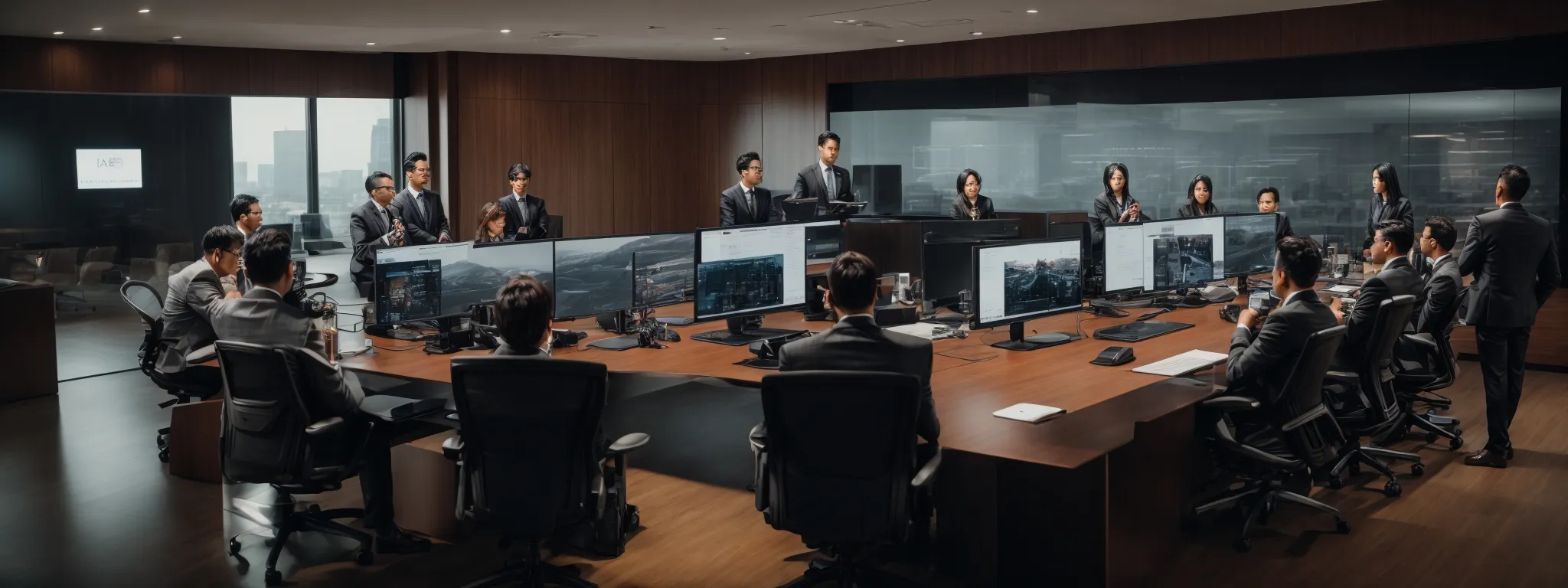 a team of professionals congregates around a sleek conference table, each equipped with cutting-edge technology, immersed in strategizing a company's digital marketing future.