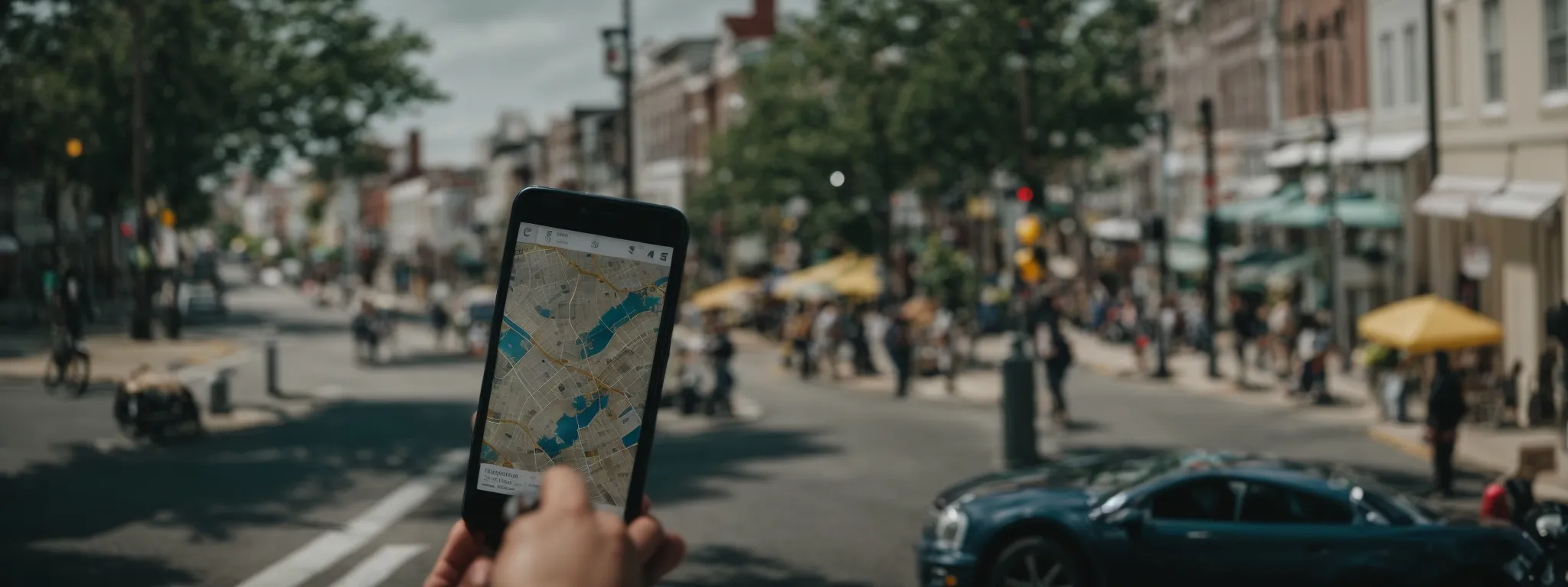 a person holding a smartphone with a map of maryland on the screen while standing on a busy city street.