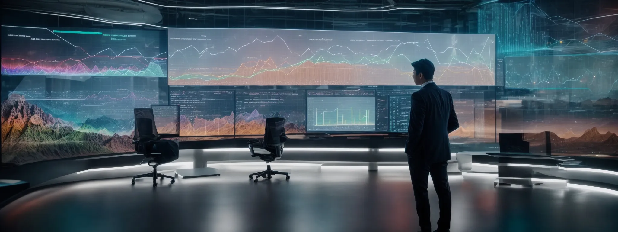 a person in a spacious, well-lit office interacts with a large, futuristic holographic screen displaying vibrant graphs and charts.