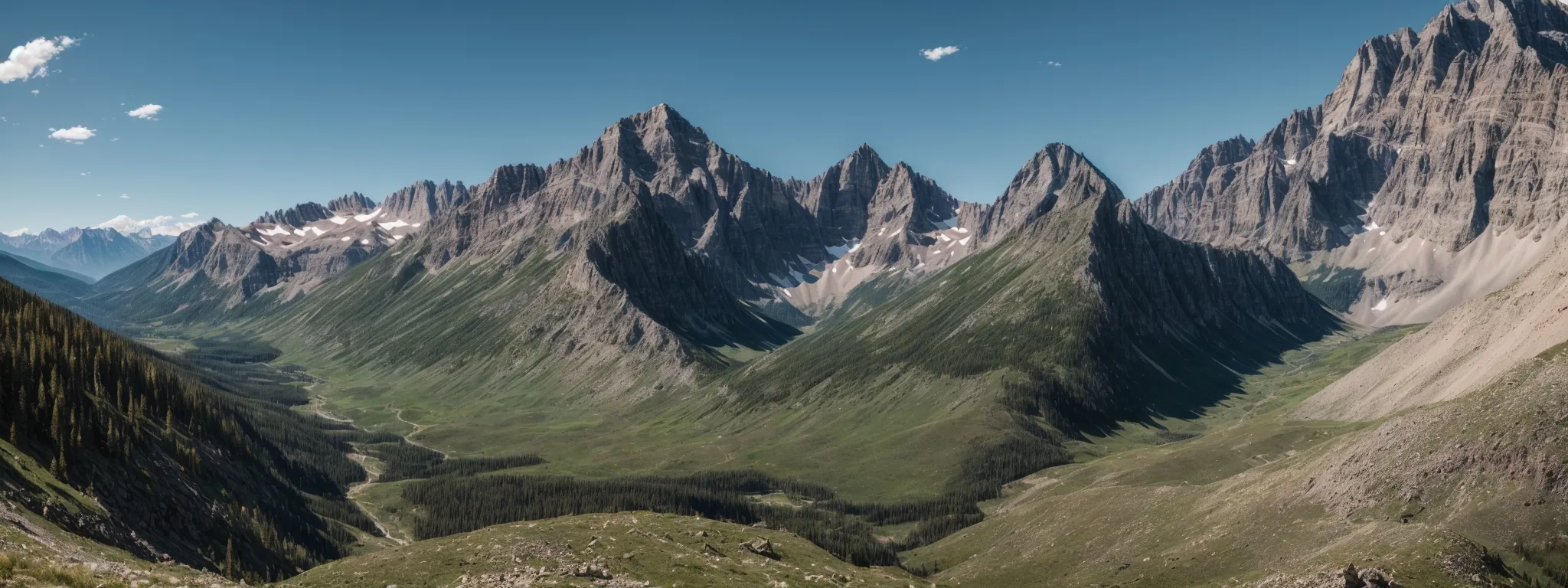 a panoramic view of the rocky mountains under a vibrant blue sky.