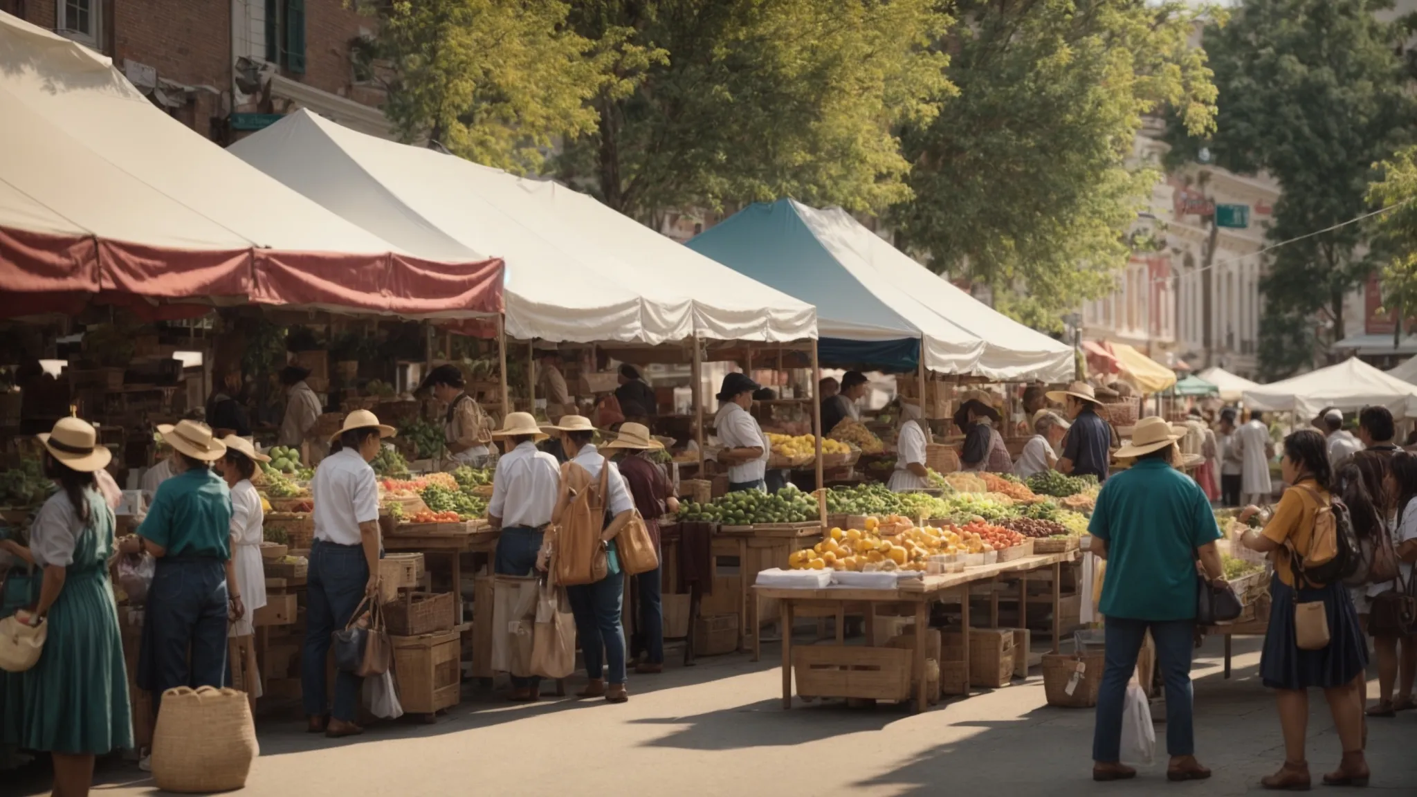 a bustling farmer's market in a small town square, with vibrant stalls and community members engaging with local produce and artisans.
