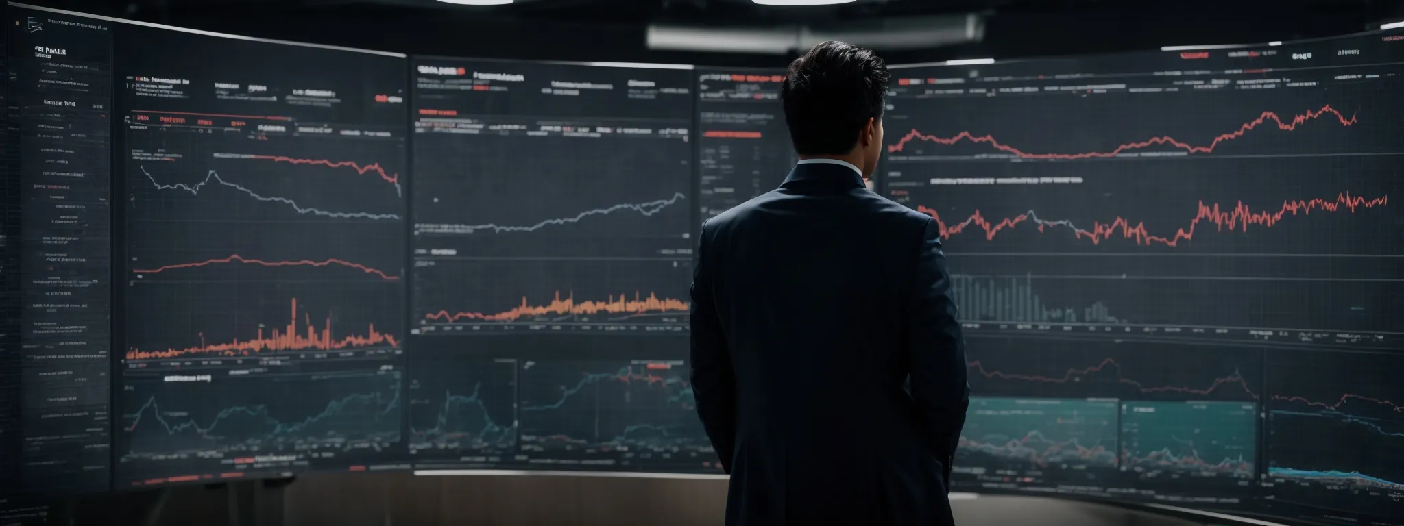 a person stands before a large digital screen displaying graphs and analytical data, actively engaging in strategic planning for seo campaigns.