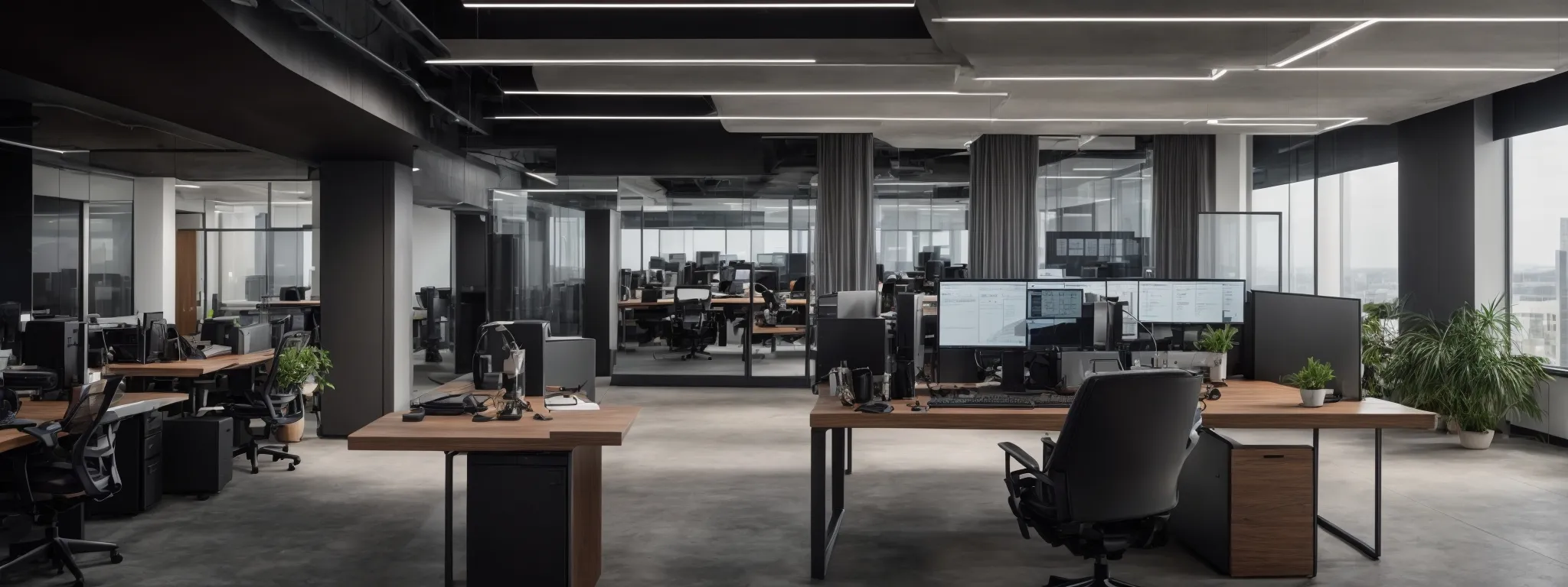 a sleek, modern office with a row of cutting-edge computers reflects a creative workspace dedicated to digital innovation and search engine mastery.