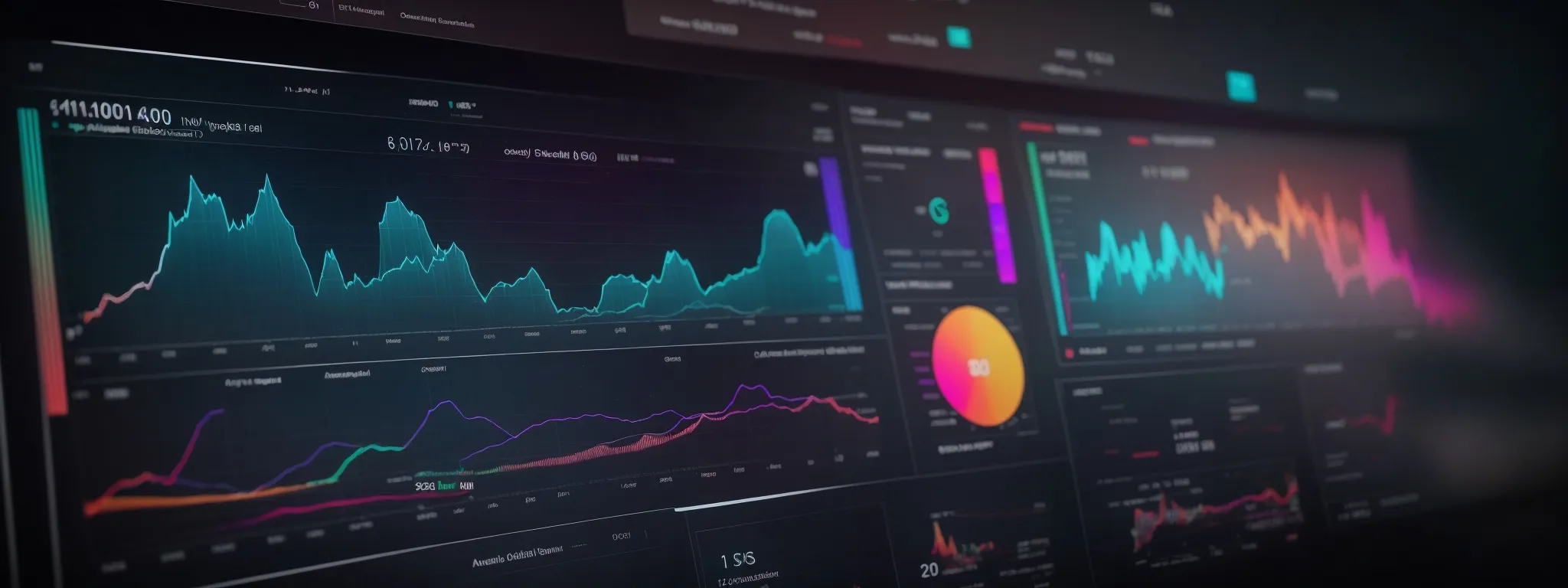 a wide-angle view of a sleek, modern dashboard screen displaying colorful graphs and metrics representing seo performance.