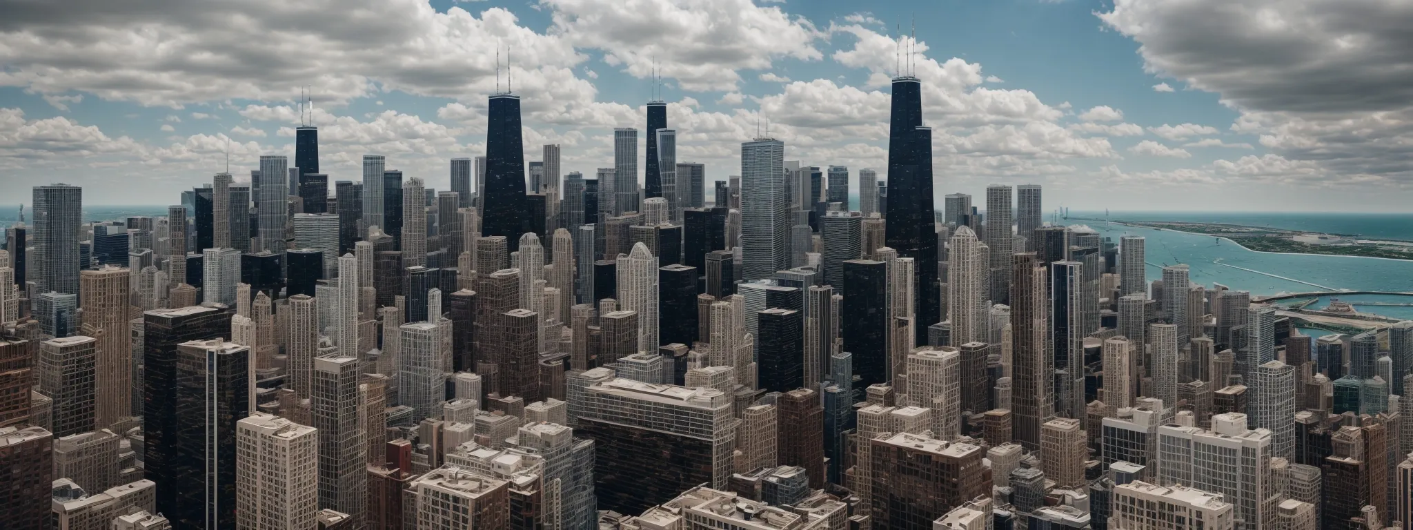 a panoramic skyline of chicago with magnifying glasses hovering above buildings symbolizing seo strategy analysis.