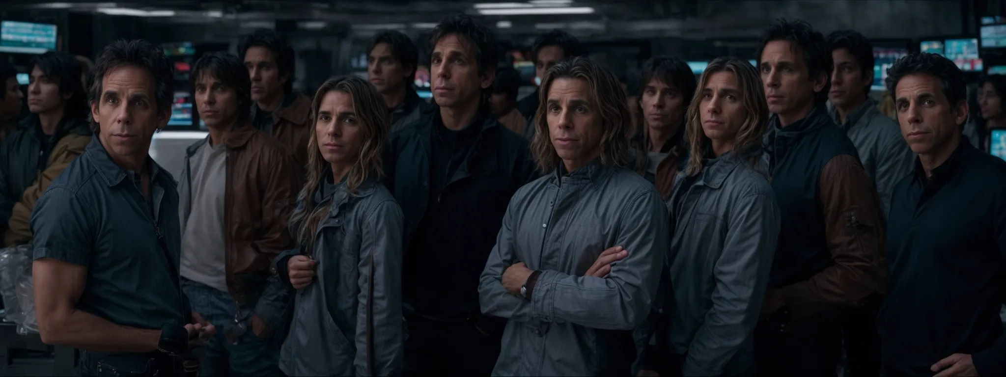 ben stiller and a group of actors pose together on a movie set, symbolizing a tech-savvy team against a backdrop of computer screens displaying search engine graphics.