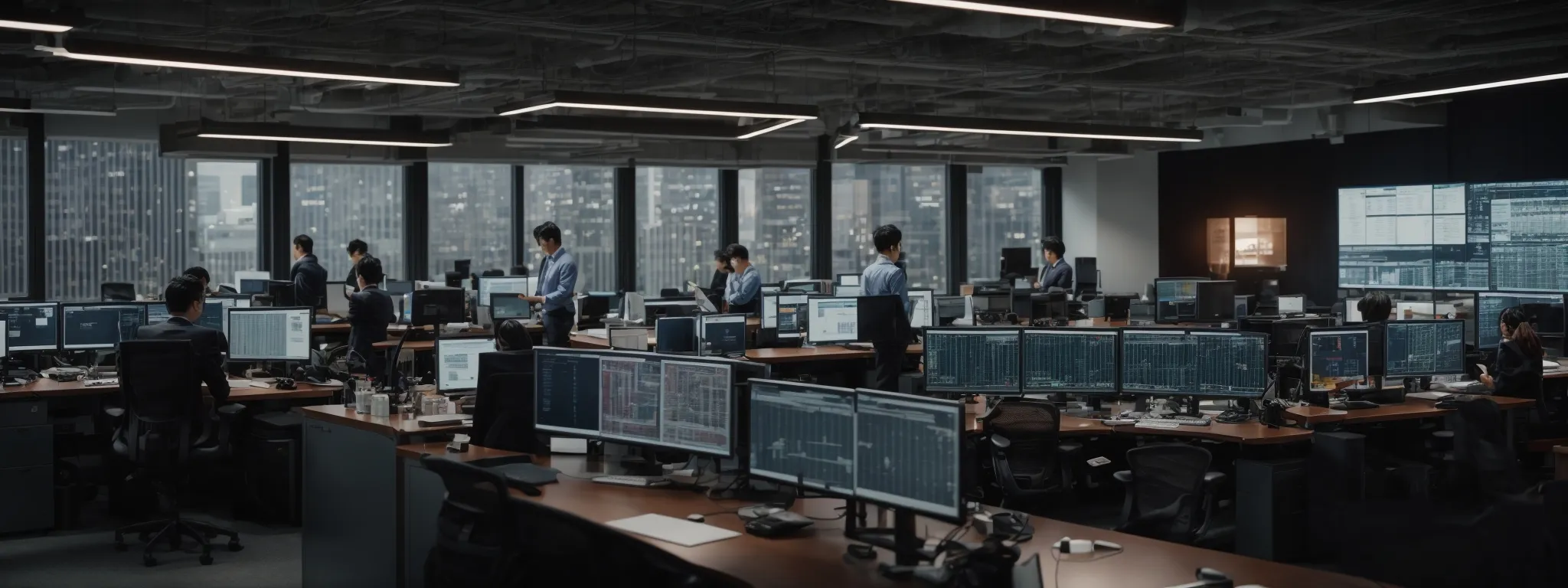 a bustling office with multiple computer screens displaying graphs and analytics.