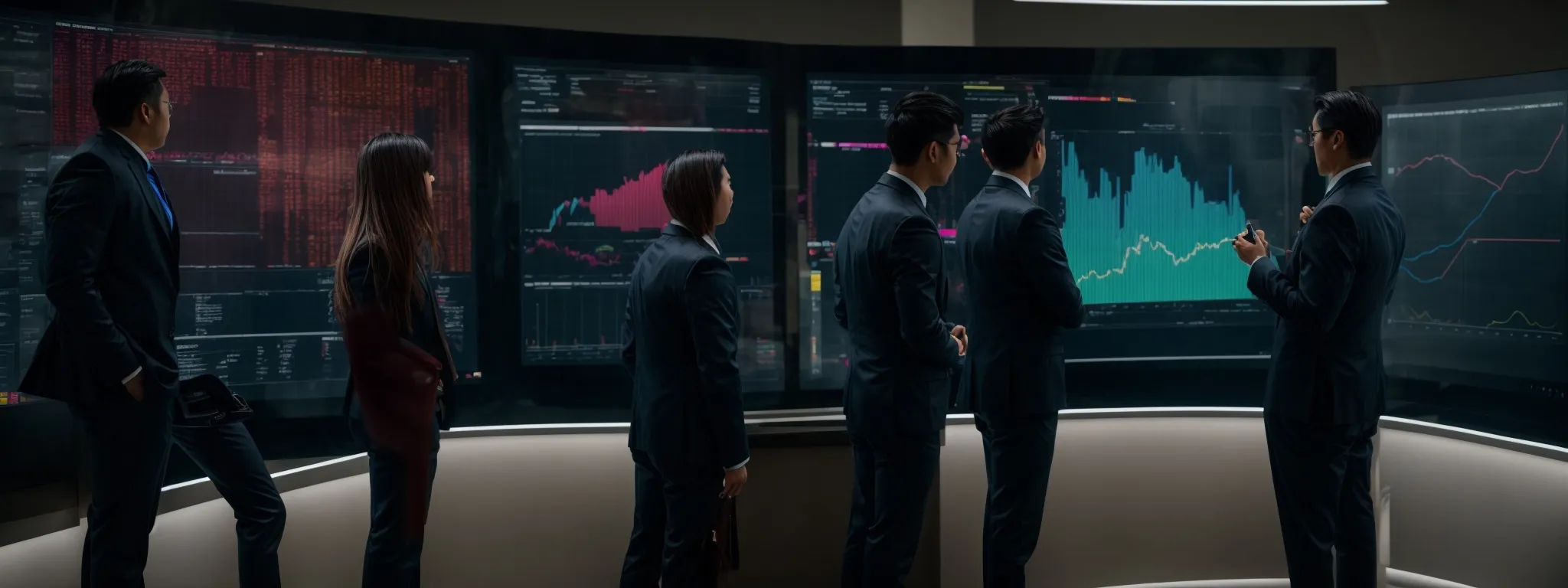 a group of professionals standing around a large touchscreen display, interacting with a colorful data dashboard pertinent to their industry.