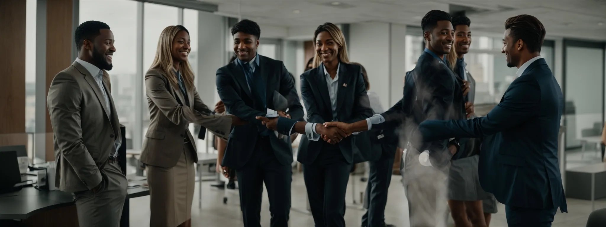 a group of smiling professionals shaking hands in a modern office, symbolizing partnership and trust.