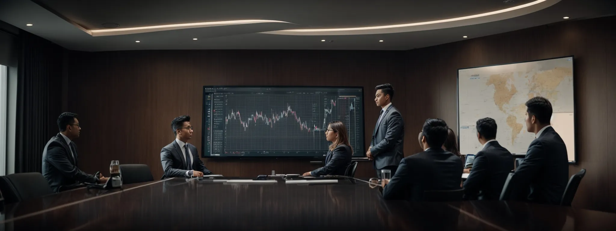 an executive team studies a graph highlighting different pricing strategies projected on a screen in a modern conference room.