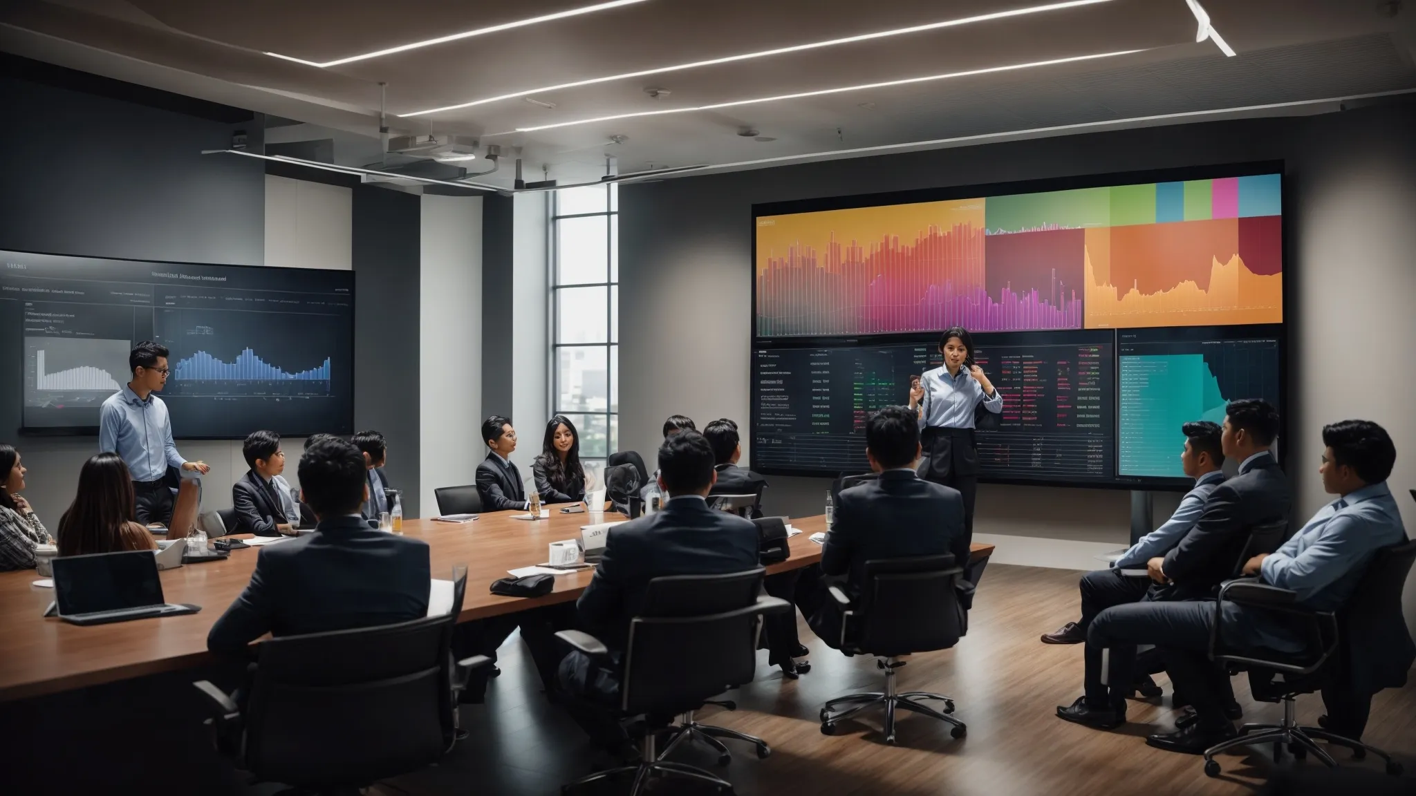 a professional conference room with a large screen displaying colorful graphs and charts while a digital marketer presents to a group of attentive employees.