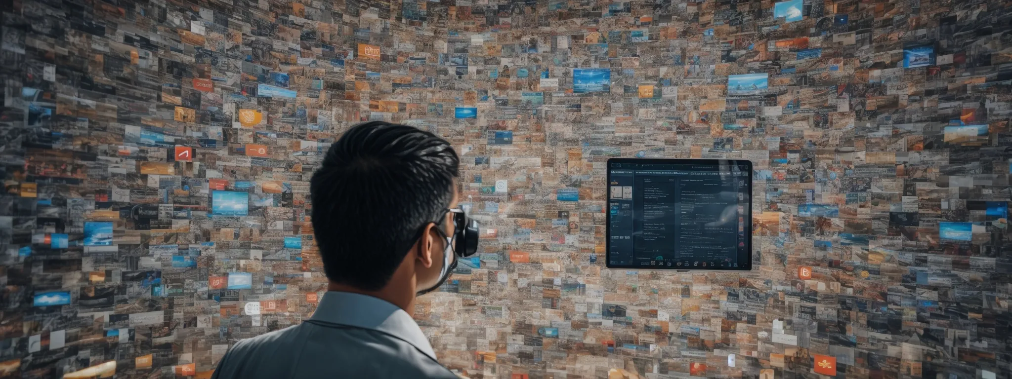 a panoramic view of someone examining a mosaic of various digital marketing icons, symbolizing the strategic blend of seo and ppc.