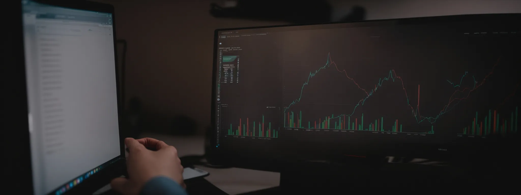 a person sitting at a computer, analyzing a graph-heavy dashboard on seo tracking software.