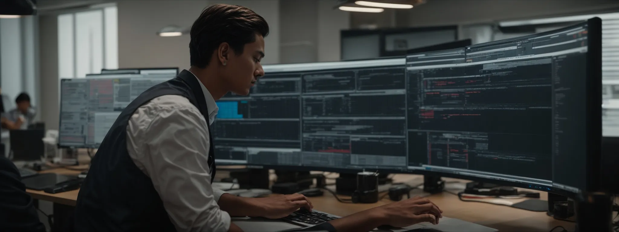 a determined professional clicks through a sleek project management interface on a modern computer in a well-lit office.