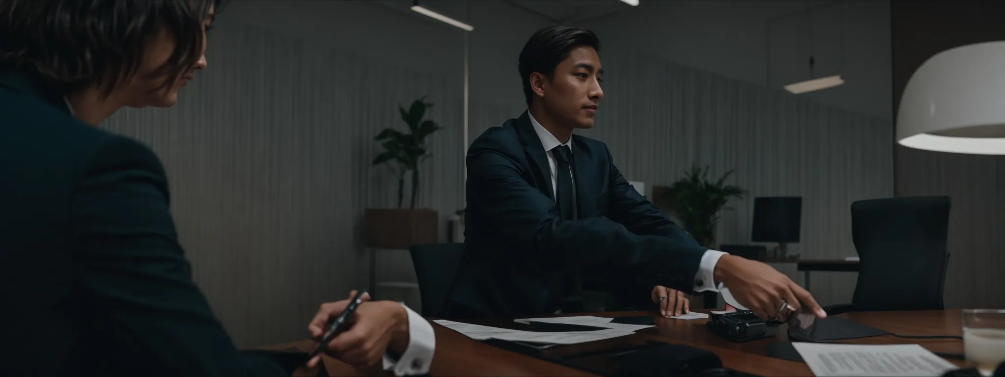 a person confidently shakes hands with an interviewer across a sleek, modern office desk.