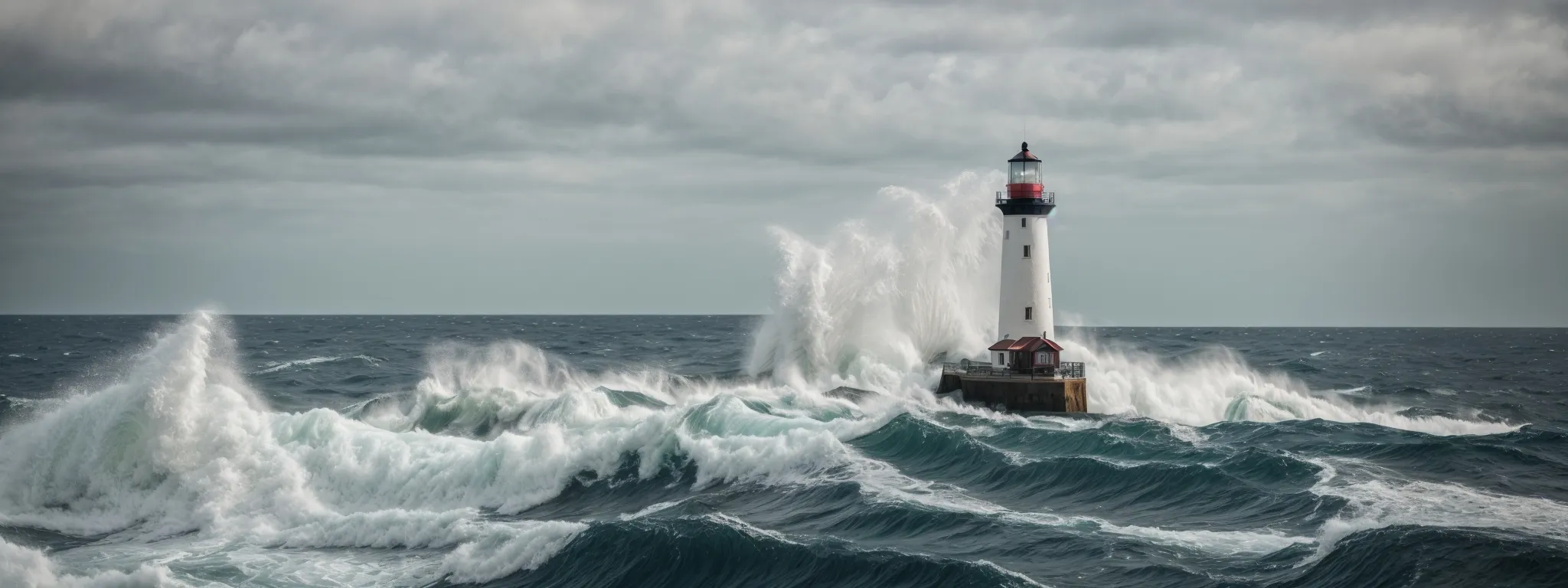 a lighthouse towering over a rough sea with charts and compasses symbolizing navigation tools.