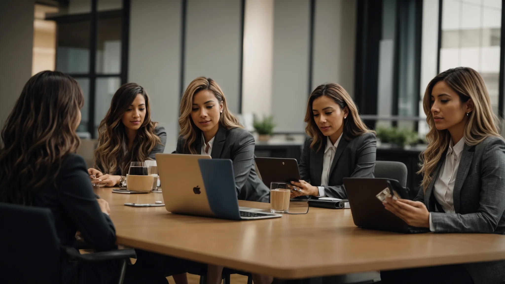 a group of professional women engage in a lively discussion around a conference table with laptops and digital devices.