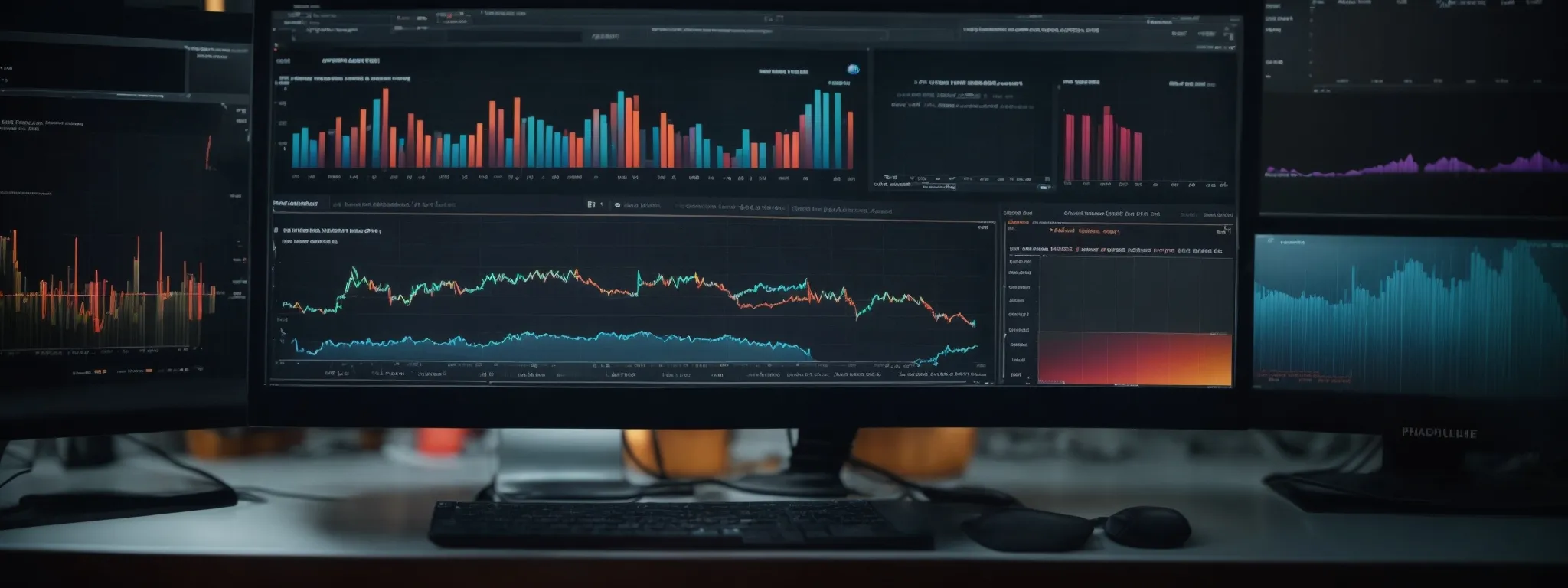 a computer screen displays a variety of colorful graphs and charts analyzing keyword performance metrics.