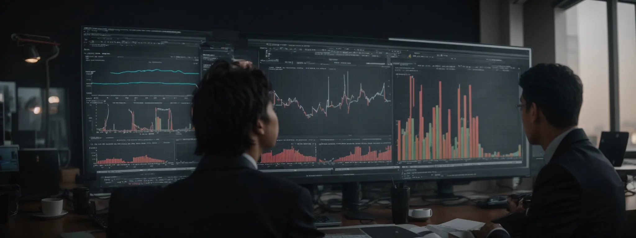 a digital marketing team analyzes charts and graphs on a large monitor showcasing website analytics and performance metrics.