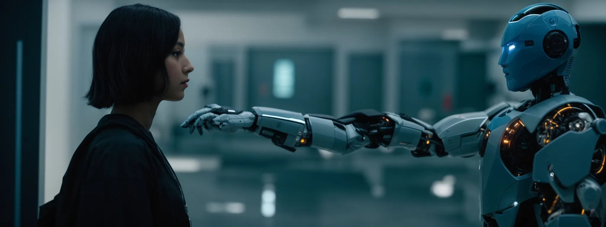 a human and a humanoid robot reaching toward a common interface on a digital screen, symbolizing the integration of ai into existing systems.