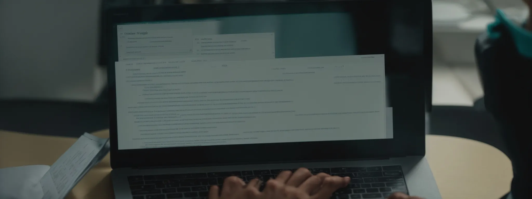 a focused individual typing on a laptop with an abstract overlay of magnifying glasses highlighting text snippets.