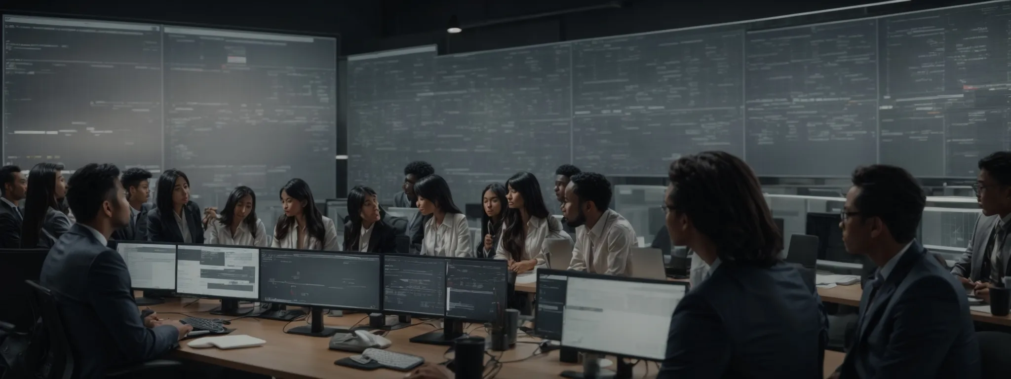 a diverse group of people in a modern office intently studies a large screen displaying a complex flowchart of algorithms.