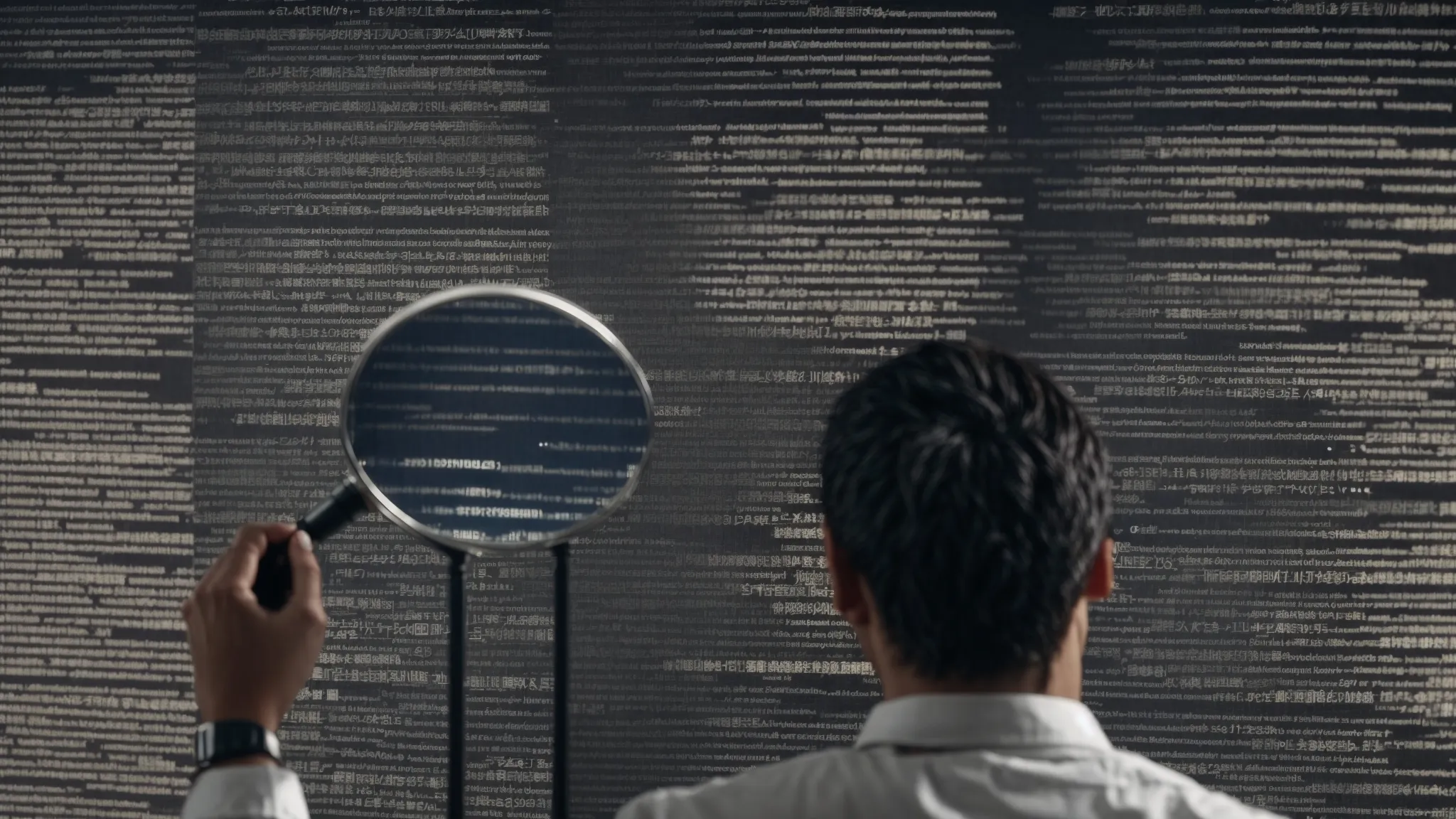 a person with a magnifying glass examining lines of identical texts on computer screens, symbolizing the scrutiny for duplicate content in seo.