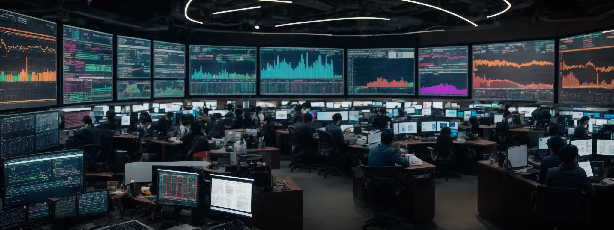 a bustling digital advertising control center with multiple screens displaying colorful graphs and analytics dashboards.